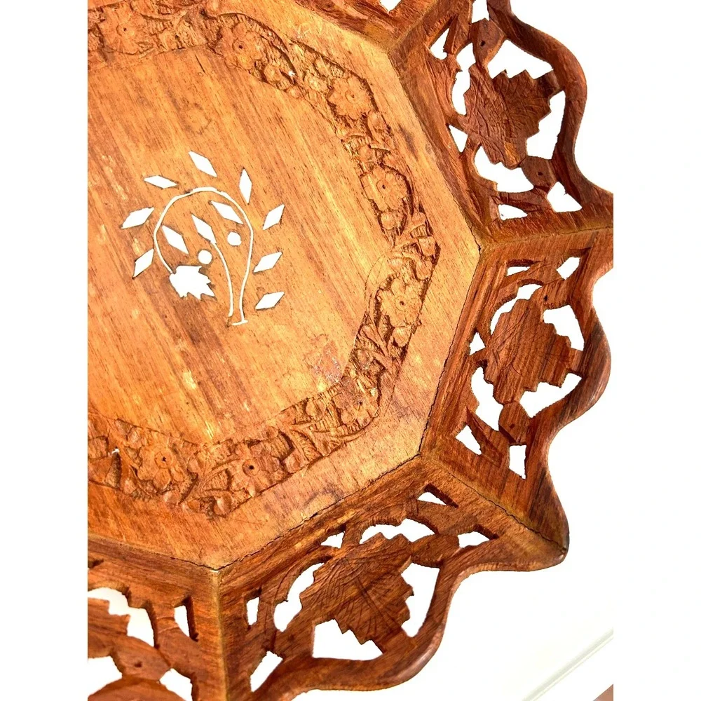 VTG Boho Floral India Folk Art Hand Carved Wood Tray Wall Hanging Octagonal  12